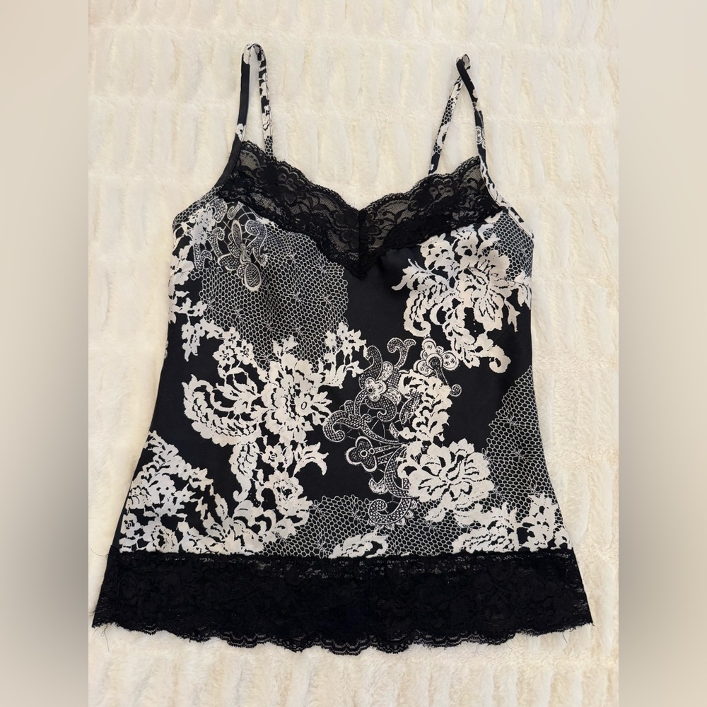Cache 100% Silk Black and White Floral Camisole with Lace Trim
